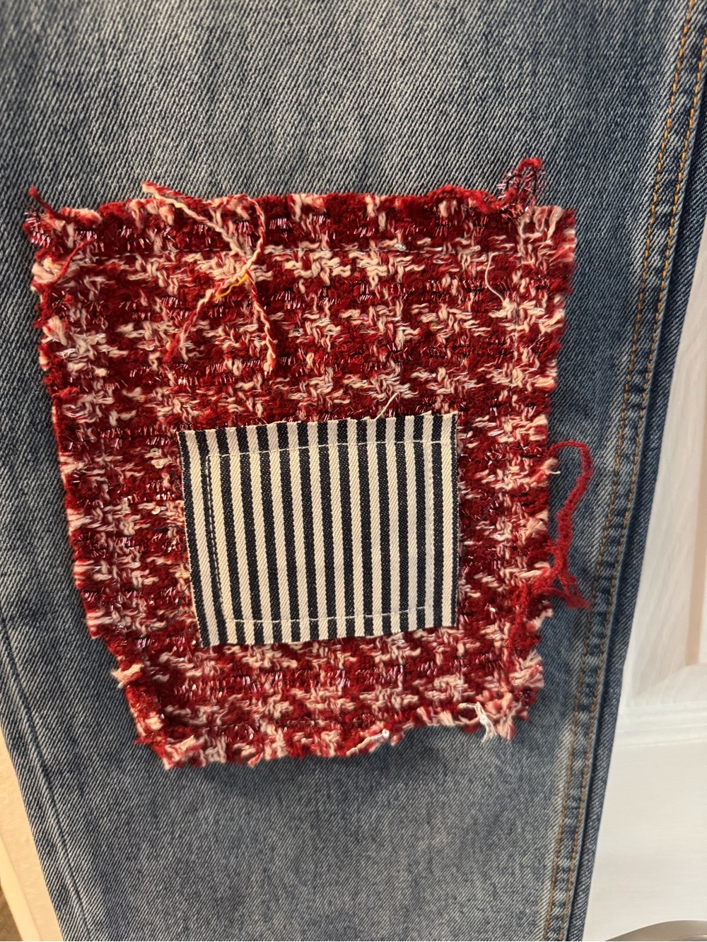 Patchwork Wide Leg Jeans in Blue with Mixed Fabric Panels - Picture 5 of 8